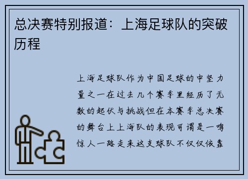 总决赛特别报道：上海足球队的突破历程