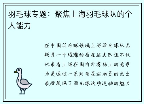 羽毛球专题：聚焦上海羽毛球队的个人能力