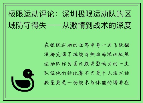 极限运动评论：深圳极限运动队的区域防守得失——从激情到战术的深度剖析