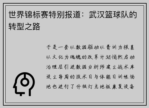 世界锦标赛特别报道：武汉篮球队的转型之路