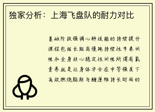 独家分析：上海飞盘队的耐力对比