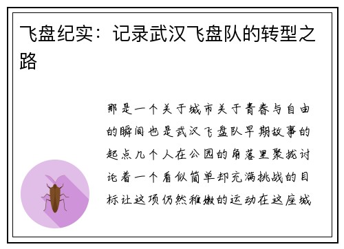 飞盘纪实：记录武汉飞盘队的转型之路